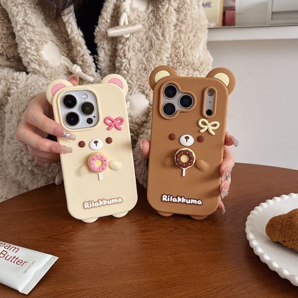 Kawaii Sweet Rotate Donut Rilakkuma Bear Soft Silicon Case For iPhone CASE 12 13 14 15 16 17 Pro Max Cute 3D Cartoon Shockproof Cover