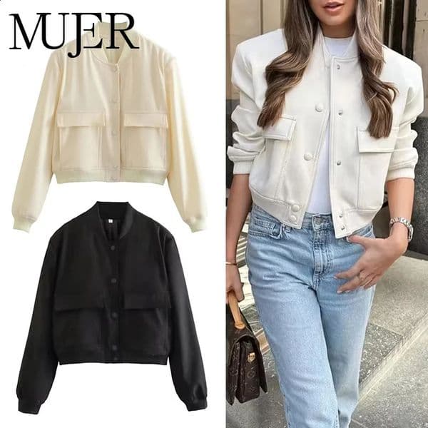 MUJER Womens Bomber Jacket Women Autumn Cropped Jacket For Women 2025 Long Sleeve Jackets Woman Fashion Short Coats 260304