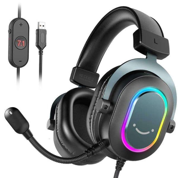 Fifine Dynamic RGB Gaming Headset with Mic Over-Ear Headphones 7.1 Surround Sound PC 3 EQ Options Game Movie Music 26L0320