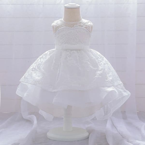 Infant Bow Bridesmaid Baptism Baby Girls Dresses White Trailing Clothes Princess Tutu 1st Birthday Party Dress Wedding Gown 260320