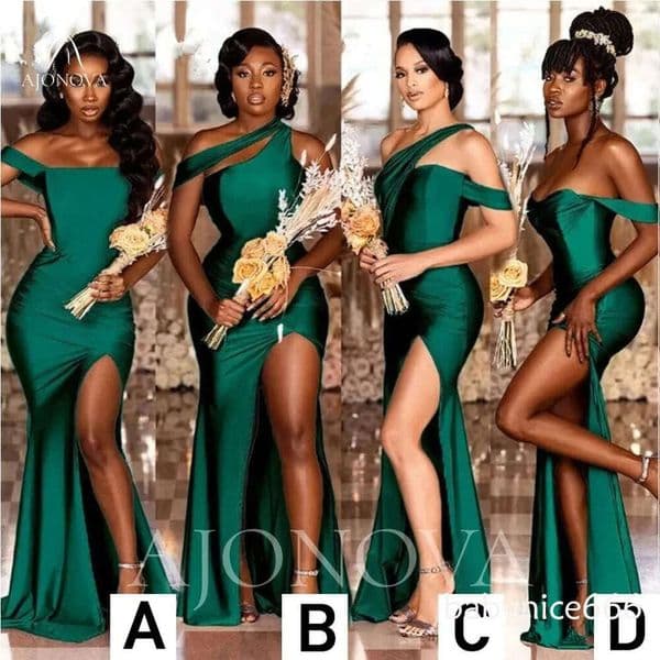 Hunter Green Satin Party Dress for Wedding Side Split Bridesmaid Dresses Off the Shoulder Elegant Gowns Weddings Evening Robe Under 70 BC11220