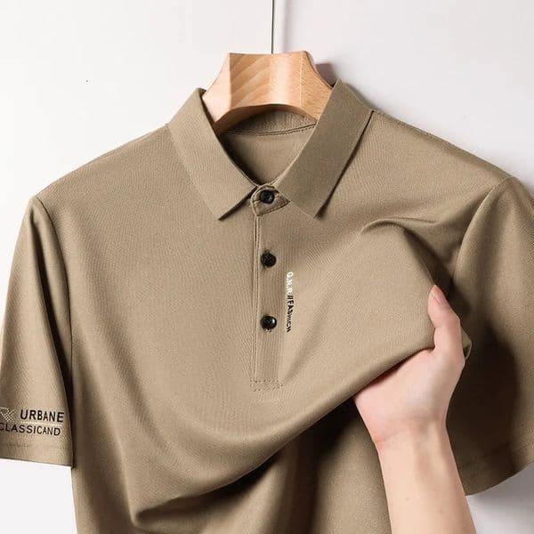 Mens Business Casual Short Sleeved Shirt with Badge Solid Color Polo Fashionable Breathable Comfortable Versatile Top y260319