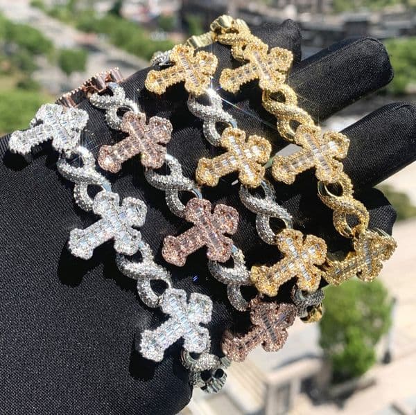 Mens Gold Cross Bracelets Hip Hop Jewelry Iced Out Bracelet 8-character Link Chain Bracelet For Mens