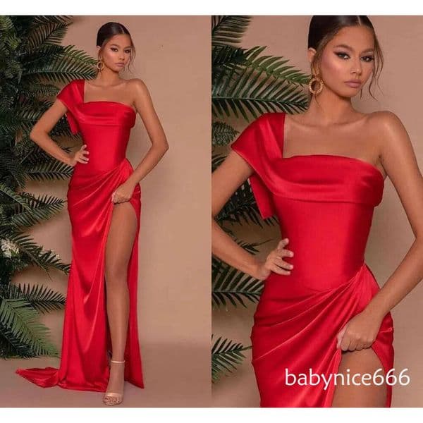 Elegant Red One-Shoulder Mermaid Bridesmaid Dresses Sheath Pleats Long Satin Split Evening Prom Gowns Custom Made