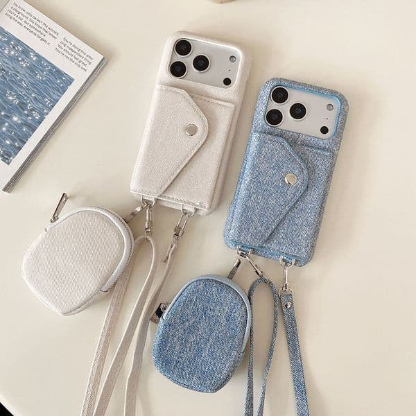 Magnetic Snap Card Pocket Phone Case For Iphone 17 16 15 14 13 Pro 12 11 Max Plus Coin Purse 17Promax Phone Case 16Promax Crossbody Lanyard 14Pro Cover Denim 15Pro Shell