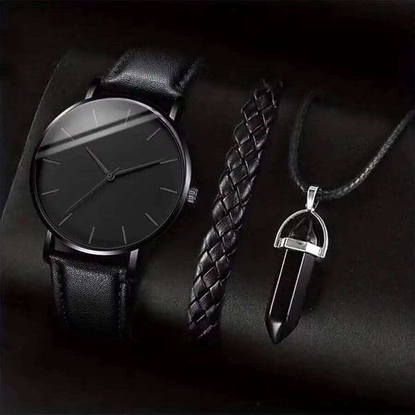3PCS Fashion Men Business Watches Casual Leather Band Quartz Wristwatch Bracelet Necklace Set Reloj HombreWithout Box