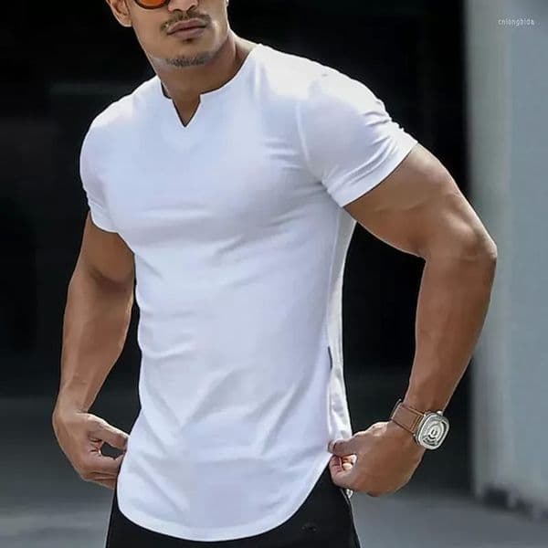 CNLONGBIDA Men's T Shirts Casual Slim Fit Sports Shirt Mens Summer Short Sleeve V Neck Skinny Stretch Tees Leisure Men Clothes Streetwear Pullover Tops