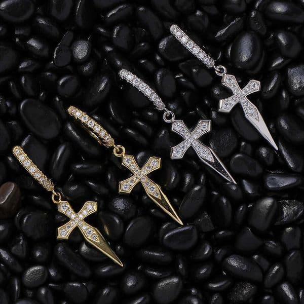 Sword-shaped earrings Hip Hop couple style fashionable Silver with Moissanite personalized for men and women cross stud earrings