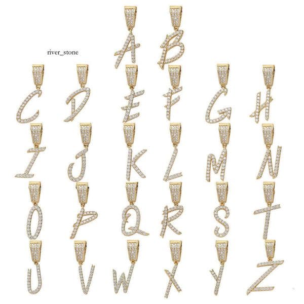 Popular European and American cursive letter pendant, 26 English letters micro-inlaid with zircon, men's hip-hop necklace