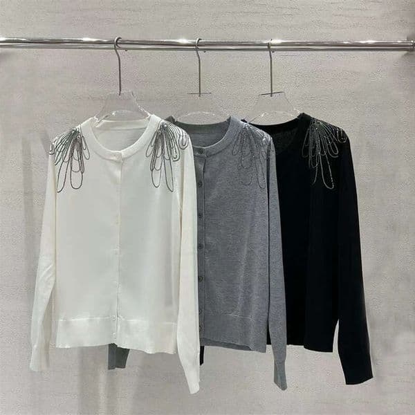2026 designer shoulder bead chain embroidered round neck long sleeved knitted women's A13 spring and autumn cardigan wool sweater