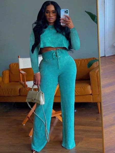 Solid Casual Two Piece Set for Women Sweatsuit Sporty Fitness Long Sleeve Top and Lace-up Wide Leg Pants Joggers Tracksuit Fall X260321