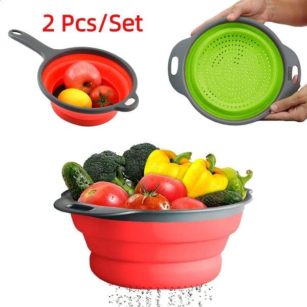 2 Pcs/Set Foldable Silicone Colander Fruit Vegetable Washing Basket Strainer With Handle Strainer Collapsible Drainer 260320BJ