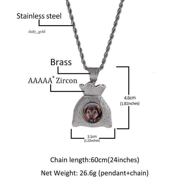 HIPHOP Hip Hop Rap Creative Money Bag Shape Round Memory Frame Pendant Personalized DIY Photo Necklace Trendy