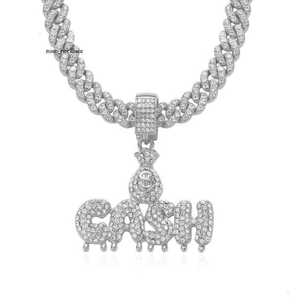 Necklace for Men European and American Style CASH Letter Full Diamond Money Bag Pendant Personality Trendy Cuban Chain Cross-Border Hip Hop Accessories