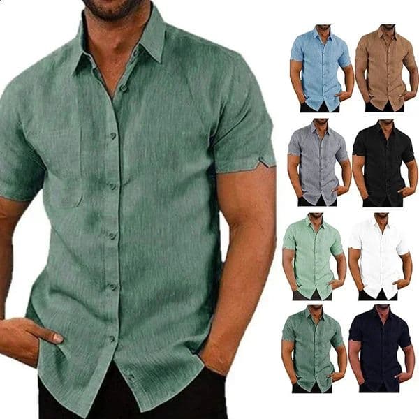Summer Cotton Linen Shirts for Men Casual Short Sleeved Shirts Blouses Solid Turn-Down Collar Formal Beach Shirts Male Clothing 260319