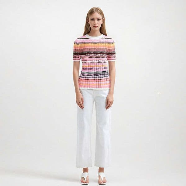 2026 high-end spring and summer elegant women's round neck short sleeved Tencel A12 cotton pullover striped knitted sweater