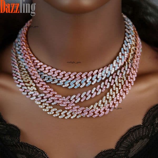 Jewelry 9mm pink Moissanite Cuban chain necklace personalized Hip Hop trendy brand versatile basic necklace wholesale