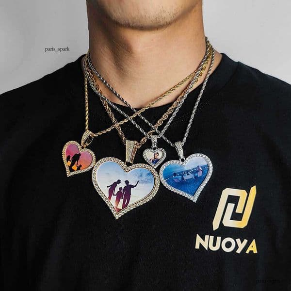 Jewelry Hip Hop Heart Photo Necklace Jewelry Silver Inlaid Moissanite Men's DIY Personalized Heart-Shaped Frame Pendant