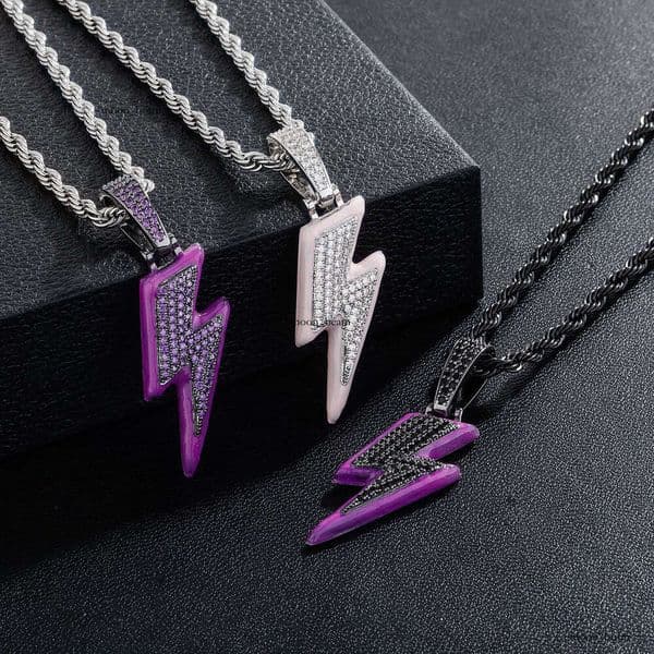 Live Hot-Selling Colorful Full Diamond Luminous Lightning Hip Hop Pendant Men's Trendy Necklace Silver Inlaid Moissanite Manufacturer Wholesale