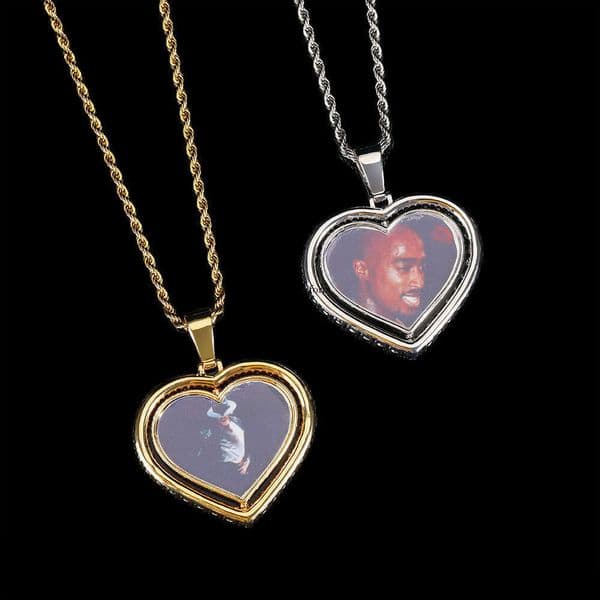 Jewelry Hip Hop style rotatable double-sided heart with micro-inlaid Moissanite commemorative frame necklace photo pendant