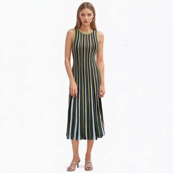 2026 high-end spring and summer elegant ladies round neck sleeveless gold and silver thread A13 pullover striped knitted dress