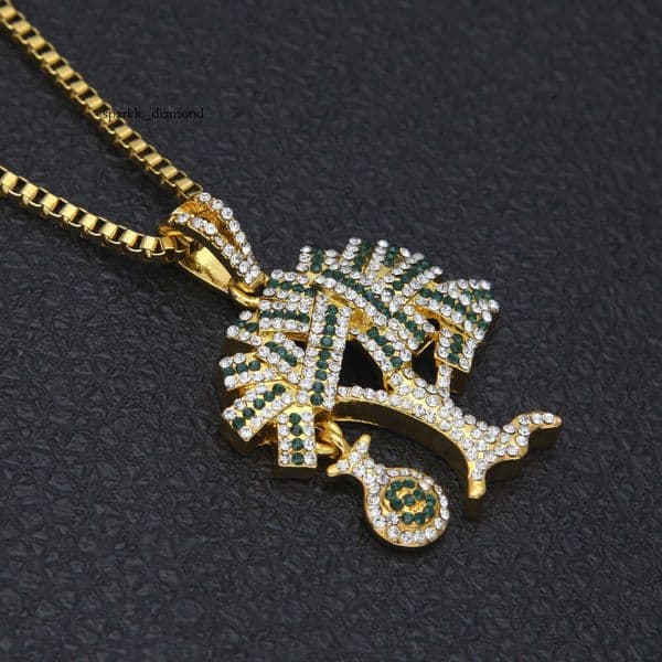 Hip Hop Trendy Brand Inlaid Diamond Money Bag Tree Pendant Ins Trend Versatile Personality Unisex Alloy Necklace Sweater Chain Wholesale