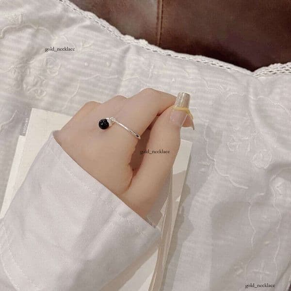 Hip Hop Style ins original design vintage S925 sterling silver irregular black agate bead ring with a versatile and sophisticated feel