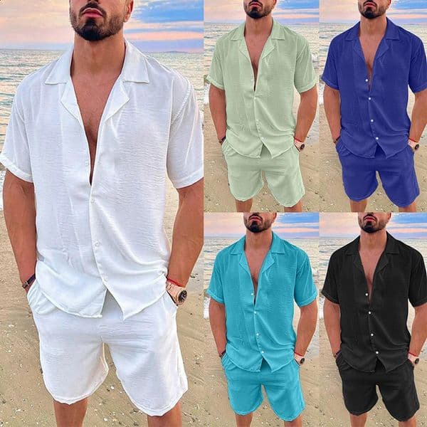 Mens Summer Casual Loose Two Piece Sets Beach Solid Cotton Linen Man Suit Short Sleeve Button Shirt And Shorts Office Outfits 260317
