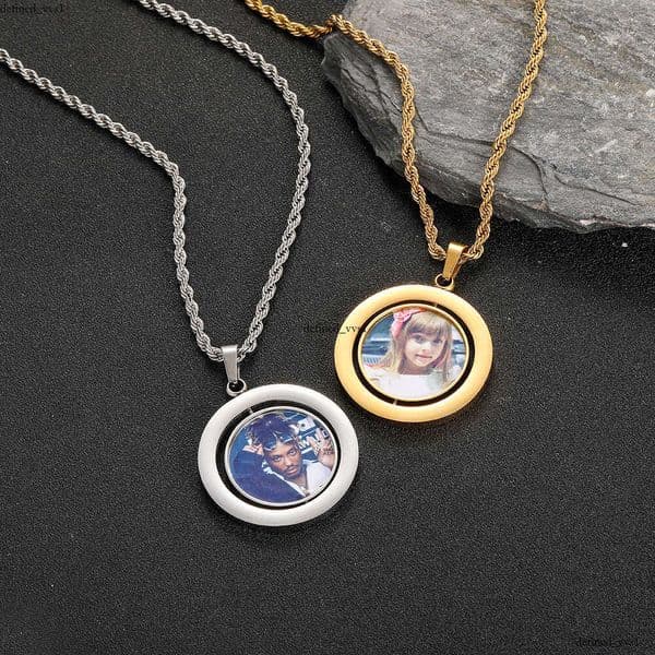 Luxury Jewelry Hip Hop 925 Sterling Silver 18K Gold Double-Sided Rotating Round Pendant DIY Creative Photo Frame Men and Women Necklace Jewelry