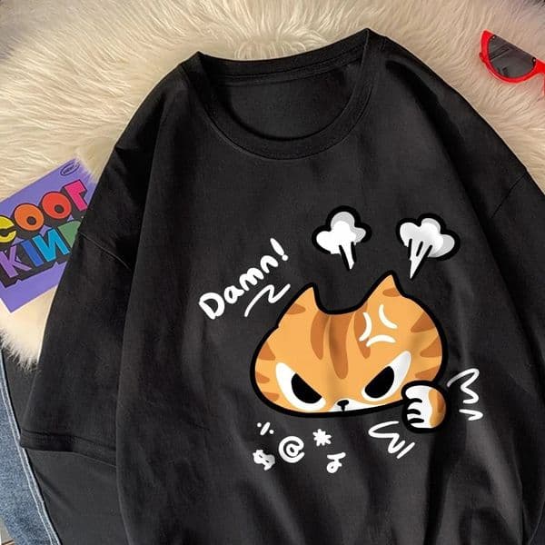 The Angry Cat Printed Round-neck and Womens Top Clothing 2025 Fashion Summer Woman Clothing Cartoon Ladies Graphic T-Shirt 260311