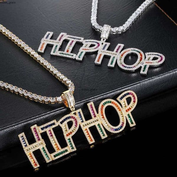 Jewelry colorful square Moissanite letter combination pendant trendy personalized Hip Hop jewelry men's pendant necklace