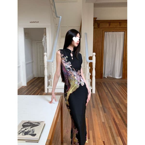 New Chinese-style Reversible Cheongsam Dress For Women Printed Fishtail Tank Dress Designer Dress Waist-cinching Hip-hugging Traditional Chinese Style