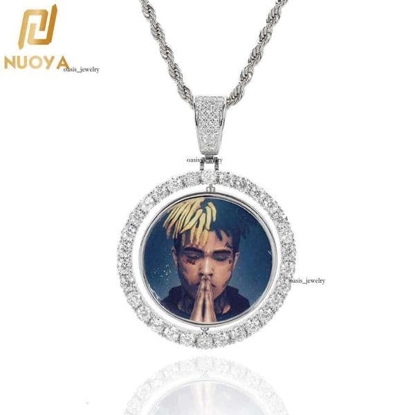 Jewelry Memory Rotatable Double-Sided Round Pendant Micro-Inlaid Moissanite Trendy Hip-Hop Photo Frame Necklace
