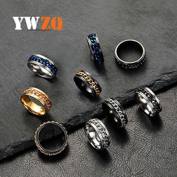 Sterling Silver 14K 18K Gold Jewelry Embossed Rotatable Chain Wine Bottle Opener Titanium Steel Ring for Men Couple Rings Factory