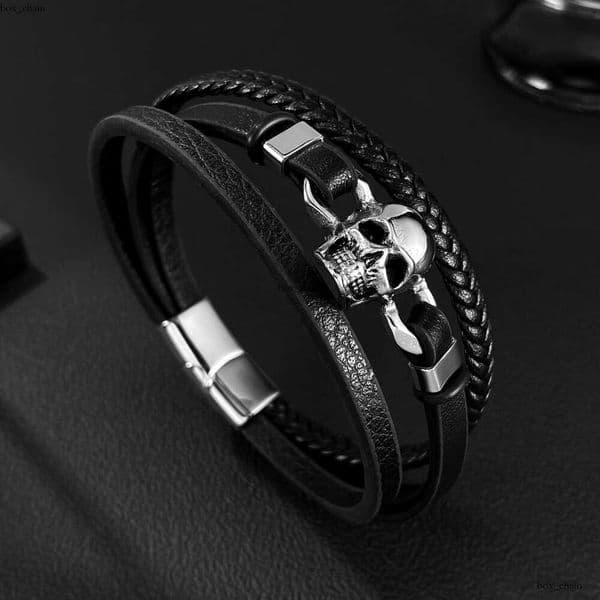 Fashion Men's 925 Sterling Silver 18K Gold Creative Hip Hop Retro Skull Multi-Layer Woven Leather Bracelet