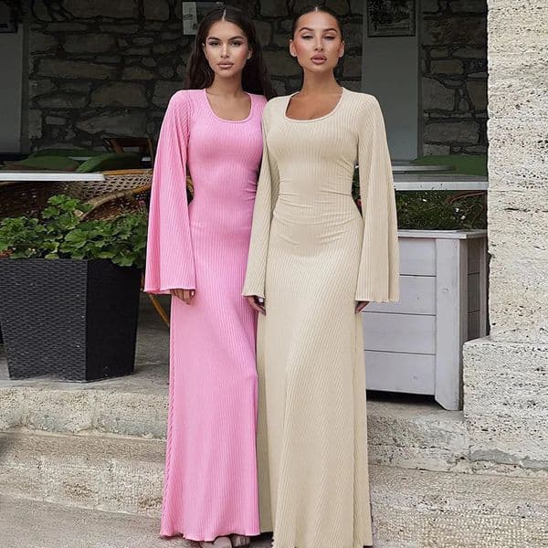 Long Flare Sleeved Maxi FloorLength Dress Summer Solid Fashion Casual Office Lady Dresses for Women Slim Sexy Laceup Vestidos 260320