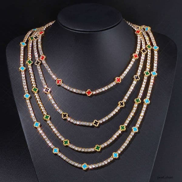 Jewelry INS Style Moissanite Tennis Four-Leaf Clover Women's Necklace Jewelry High-End Hip Hop Collarbone Chain