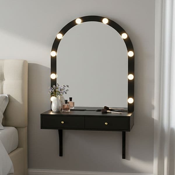 Floating Wall Mounted Makeup Vanity Desk with LED Mirror 3 Color Lights Compact Dressing Table with Power Outlet & USB Charging Space Saving Vanity for Bedroom