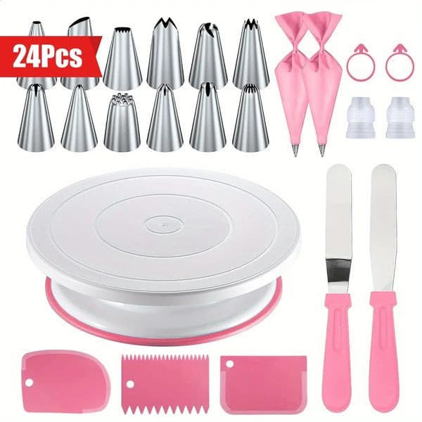 24Piece Cake Decorating Set NonSlip Turntable with 12 Piping TipsScrapersTools for Professional Baking Tools Nozzles 260312