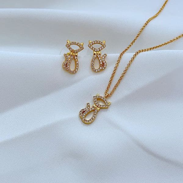 Designer Real 18K Gold Plated CZ Hollow Cat Earrings Necklace Set KS Gift New York With Free Dust Bag EH2504