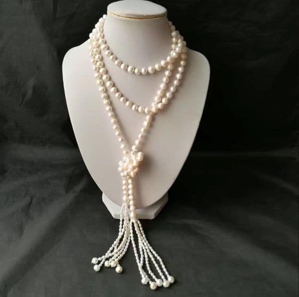 Jewelry Pearl Necklace Natural Freshwater Extended White 8-9mm Pearl Necklace 60inch+10cm