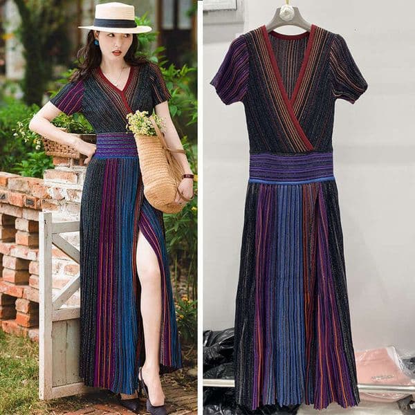 2026 autumn and winter new designer gradient color A9 striped gold wire waist elastic slit dress