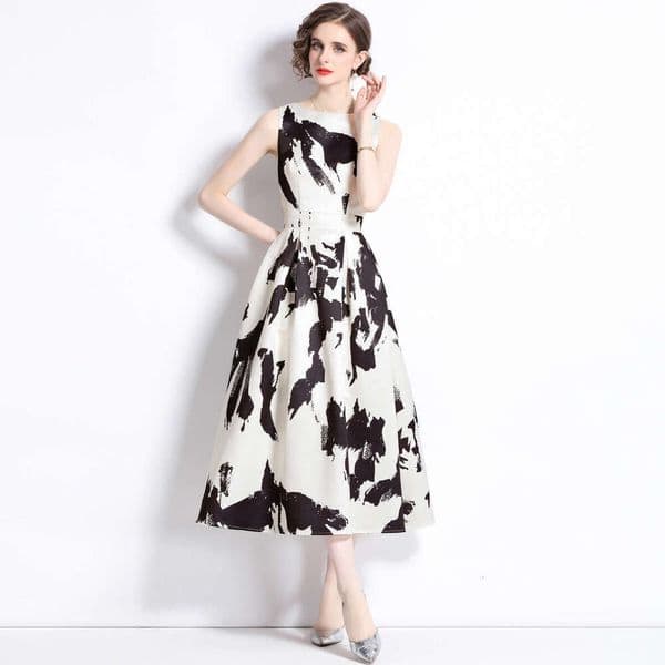 Summer new product: Ink art print round-neck sleeveless high-waisted A-line S18 Korean-style slimming dress for women with a flared skirt