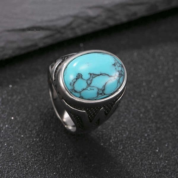 Exclusive Retro Sterling Silver 14K 18K Gold Jewelry Casting Geometric Inlaid Blue Turquoise Men's Titanium Steel Non-Fading Tail Ring