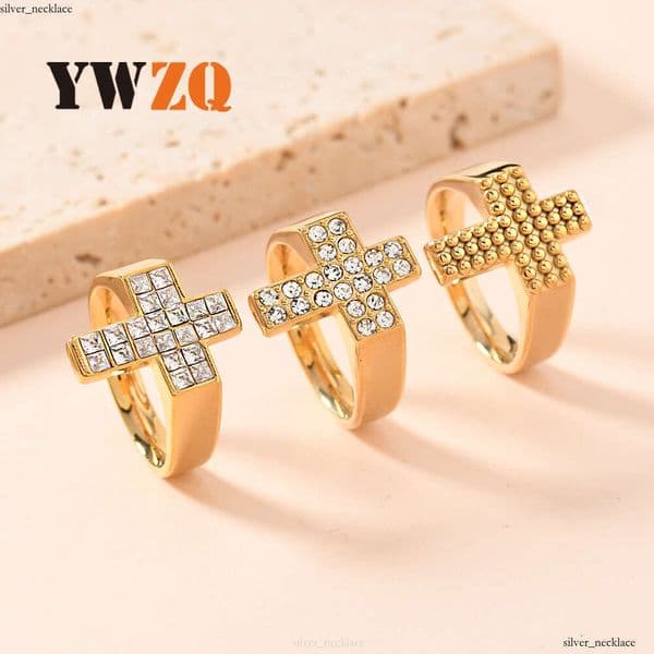 925 Sterling Silver 14K Gold Casting Hip Hop Personality Punk Style Inlaid Cross Ring Trendy Versatile Jewelry