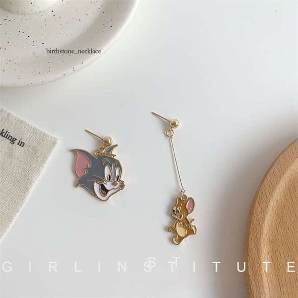 Childlike Cartoon Cute Cat and Mouse Sweet Girly Simple Versatile Earrings Studs Ear Accessories