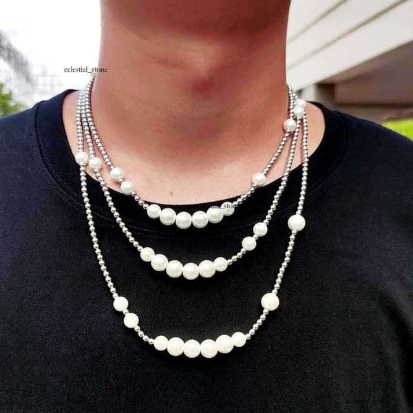 Jewelry Street Pearl 925 Sterling Silver 18K Gold Ball Bead Mixed Hip Hop Necklace Bracelet Jewelry Internet Celebrity Same Style Trendy Collarbone Chain