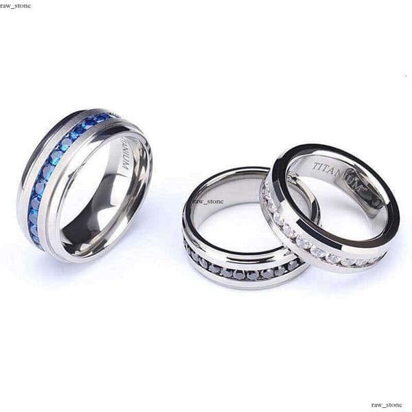 pure titanium ring fashionable full-diamond couple's ring silver inlaid with black blue and white stones 7mm unisex