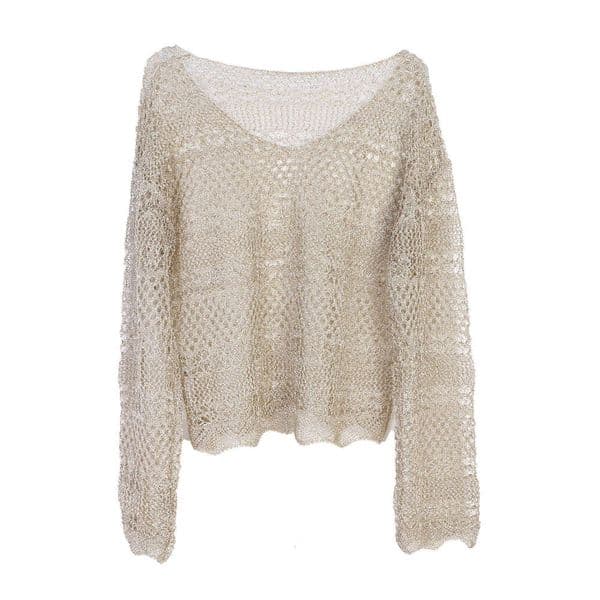 European and American gold thread top, A12 spring and summer new fashion hollow French long sleeved pullover sweater, knitted sweater 2026