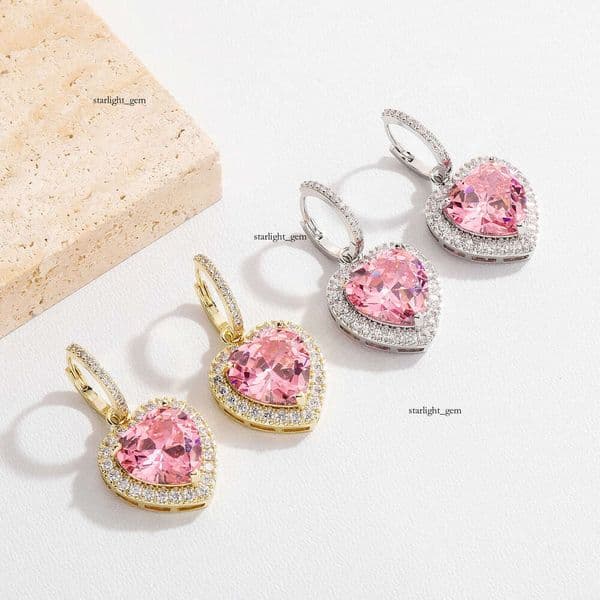 Same Elegant Heart Pink Moissanite New Trendy Stud for Women Sweet Cool Style Niche Design Earrings